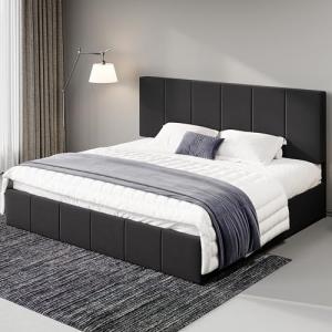 Allewie King Size Dutch Velvet Upholstered Platform Bed Frame/Vertical Channel Tufted Adjustable Headboard/Low Profile Bed Frame/No Box Spring Needed/Easy Assembly/Black