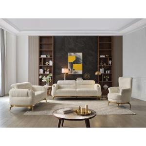 Modern 3PC Living Room Set (Sofa + Loveseat + Chair) with Wood & Gold Accents in Cream - CA Warehouse Inventory