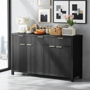 Modern 55 Buffet Sideboard with Drawers and Doors, Wood-Grained Black, Dining Room Storage Cabinet, Living Room Coffee Bar