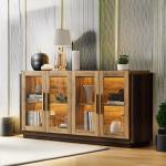 AMERLIFE Sideboard Buffet Cabinet, Mixed Color Accent Cabinet with LED Lights, Modern Glass Doors Storage Cabinets with Adjustable Shelf, Console Table for Dining, Living Room, Barnwood&Brown