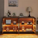 AMERLIFE Sideboard Buffet Cabinet, Mixed Color Accent Cabinet with LED Lights, Modern Glass Doors Storage Cabinets with Adjustable Shelf, Console Table for Dining, Living Room, Barnwood&Brown