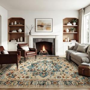 Joydeco 8x10 Area Rugs for Living Room, Non Slip Machine Washable Vintage Rug, Low Pile Chenille Print Rugs for Bedroom, Dining Room, Home Office, Pet & Child Friendly, Beige & Blue & Reddish-Brown