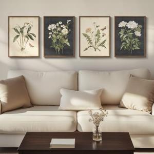 Framed Botanical Wall Art for Living Room, 4 Piece Rustic Floral Canvas Paintings Prints ArtWork for Walls, Vintage Flower Butterfly Pictures for Farmhouse Dining Room Hallway Bedroom Kitchen Bathroom Wall Decor