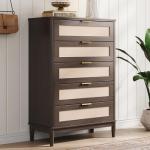 LINSY HOME Rattan Dresser with 5 Deep Drawers, 46" Tall Chest of Drawers, Mid Century Modern Wood Dresser, Large Boho Storage Cabinet for Bedroom with Metal Handle and Durable Legs, Walnut
