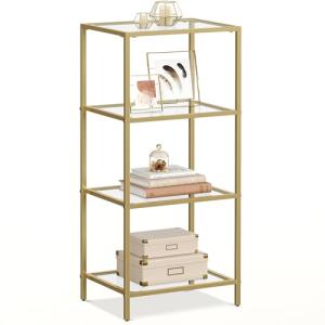 VASAGLE Bookcase, 4-Tier Bookshelf, Slim Shelving Unit for Bedroom, Bathroom, Home Office, Tempered Glass, Steel Frame, Metallic Gold ULGT28G