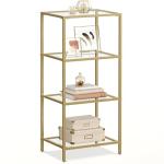 VASAGLE Bookcase, 4-Tier Bookshelf, Slim Shelving Unit for Bedroom, Bathroom, Home Office, Tempered Glass, Steel Frame, Metallic Gold ULGT28G