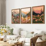 Boho Colorful Landscape wall art Wildflower Mountain Wall Decor Vintage Floral Forest Paintings Rustic Nature Pictures Canvas Prints for Living Room Bedroom Dining Room 12x16 Inch Wood Framed