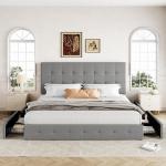 Allewie Upholstered King Size Platform Bed Frame with 4 Storage Drawers and Headboard, Square Stitched Button Tufted, Mattress Foundation with Wooden Slats Support, No Box Spring Needed, Light Grey