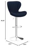 Roundhill Furniture Ellston Velvet Adjustable Swivel Barstools in Blue, Set of 2