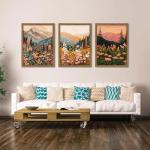Boho Colorful Landscape wall art Wildflower Mountain Wall Decor Vintage Floral Forest Paintings Rustic Nature Pictures Canvas Prints for Living Room Bedroom Dining Room 12x16 Inch Wood Framed