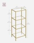 VASAGLE Bookcase, 4-Tier Bookshelf, Slim Shelving Unit for Bedroom, Bathroom, Home Office, Tempered Glass, Steel Frame, Metallic Gold ULGT28G