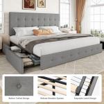 Allewie Upholstered King Size Platform Bed Frame with 4 Storage Drawers and Headboard, Square Stitched Button Tufted, Mattress Foundation with Wooden Slats Support, No Box Spring Needed, Light Grey