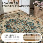 Joydeco 8x10 Area Rugs for Living Room, Non Slip Machine Washable Vintage Rug, Low Pile Chenille Print Rugs for Bedroom, Dining Room, Home Office, Pet & Child Friendly, Beige & Blue & Reddish-Brown