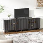47.2" W Storage Cabinet with 3 Drawers, Fluted Buffet Cabinet with Storage, Large Sideboard with 2 Door, Modern Mid Century TV Stand Coffee Bar Cabinets for Living Room, Kitchen, Entryway