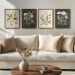 Framed Botanical Wall Art for Living Room, 4 Piece Rustic Floral Canvas Paintings Prints ArtWork for Walls, Vintage Flower Butterfly Pictures for Farmhouse Dining Room Hallway Bedroom Kitchen Bathroom Wall Decor