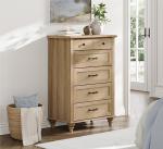 WAMPAT Small Dresser for Bedroom with 5 Drawers & Solid Wood Legs, Mid Century Modern Chest of Drawers Vertical Dressers Storage Organizer, Farmhouse Dresser for Kids Bedroom, Oak