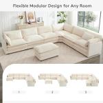 ROWHY 150'' Modular Sectional Cloud Couch, 7 Seater Corner Sofa Big Comfy Corduroy V Shaped Couch with 4 Throw Pillows, Convertible Chaise, Ottoman, Couches for Living Room Office Beige