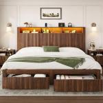 CypBed King Size Bed Frame and Headboard& 2 Storage Drawers, King Bed Frame with LED Light and Charging Port, Farmhouse Wavy Design, Wood & Metal Platform, Noise-Free, No Box Spring Needed, Walnut