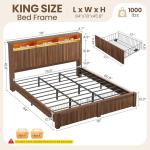 CypBed King Size Bed Frame and Headboard& 2 Storage Drawers, King Bed Frame with LED Light and Charging Port, Farmhouse Wavy Design, Wood & Metal Platform, Noise-Free, No Box Spring Needed, Walnut