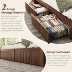 CypBed King Size Bed Frame and Headboard& 2 Storage Drawers, King Bed Frame with LED Light and Charging Port, Farmhouse Wavy Design, Wood & Metal Platform, Noise-Free, No Box Spring Needed, Walnut