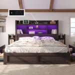 LUXOAK King Bed Frame with 49.6" Bookcase Headboard & 2 Bedside Stoage Racks & 4 Drawers, Farmhouse Wood Bed Frame with RGB LED & Charging Station, No Box Spring Needed, Black