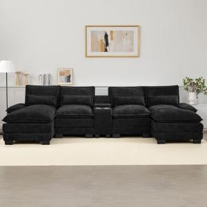 125" U Shaped Cloud Modular Sectional Couch for Living Room, Small Comfy Chenille Sofa with Double Chaise Lounge, Storage Central Console, Cup Holders, USB Port,Black