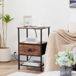 LOAKEKEL Night Stand Set 2, Nightstand with Charging Station, End Tables Living Room with Fabric Drawer for Small Spaces, Bed Side Tables with Storage Shelf for Bedroom, Rustic Brown HETS010PBR