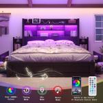 LUXOAK King Bed Frame with 49.6" Bookcase Headboard & 2 Bedside Stoage Racks & 4 Drawers, Farmhouse Wood Bed Frame with RGB LED & Charging Station, No Box Spring Needed, Black