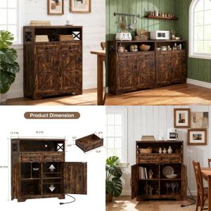 rustic brown wood farmhouse sideboard with barn door storage and open shelf