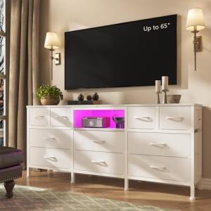 DrawXynth White Dresser for Bedroom with LED Lights and Power Outlets, 55" TV Stand with 10 Drawers & Open Shelves, Fabric Chest of Drawers with PU Finish, Metal Frame, Wood Top (White)