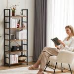 Sweetcrispy Book Shelf, 5 Tier Bookcase, Modern Tall Bookshelf Corner Storage Organizer for Garage Kit, CDs, Movies Suitable Home Office Bedroom, Kitchen, Living Room - Brown