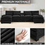 125" U Shaped Cloud Modular Sectional Couch for Living Room, Small Comfy Chenille Sofa with Double Chaise Lounge, Storage Central Console, Cup Holders, USB Port,Black