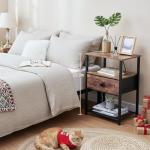 LOAKEKEL Night Stand Set 2, Nightstand with Charging Station, End Tables Living Room with Fabric Drawer for Small Spaces, Bed Side Tables with Storage Shelf for Bedroom, Rustic Brown HETS010PBR