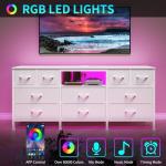 DrawXynth White Dresser for Bedroom with LED Lights and Power Outlets, 55" TV Stand with 10 Drawers & Open Shelves, Fabric Chest of Drawers with PU Finish, Metal Frame, Wood Top (White)