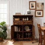 rustic brown wood farmhouse sideboard with barn door storage and open shelf