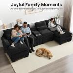 125" U Shaped Cloud Modular Sectional Couch for Living Room, Small Comfy Chenille Sofa with Double Chaise Lounge, Storage Central Console, Cup Holders, USB Port,Black