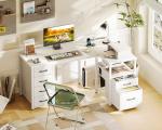 Coleshome L Shaped Computer Desk with 6 Drawers & Power Outlet, 55 Inch Corner Desk with Reversible Storage Shelf & File Drawer, Home Office Desk, White