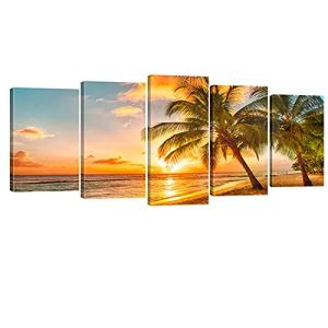 Wieco Art Cozy Sea Canvas Prints Wall Art Ocean Beach Pictures Paintings for Living Room Bathroom Home Decorations Modern 5 Piece Stretched and Framed Grace Contemporary Seascape Giclee Artwork