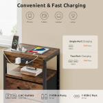 Lazzanto NightStand Bedside Charging Table Bedroom - Brown Night Stand with Charger Station, Modern Bed Side End Table with Open Shelf & 2 Fabric Drawers, USB-C Port for Dorm, Living Room