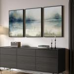 Large Framed Abstract Nature Landscape Wall Art for Living Room, 3 Piece Blue Watercolor Canvas Prints Paintings Artwork for Walls, Misty Lake Mountain Pictures for Hallway Office Wall Decor 24x36 In