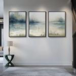 Large Framed Abstract Nature Landscape Wall Art for Living Room, 3 Piece Blue Watercolor Canvas Prints Paintings Artwork for Walls, Misty Lake Mountain Pictures for Hallway Office Wall Decor 24x36 In