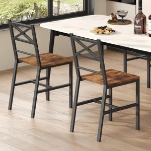 MAHANCRIS Dining Chair Set of 2, Rustic Wooden Kitchen Chairs with Backrest, Farmhouse Dining Chairs for Kitchen, Industrial Style Chair with Metal Frame, Easy Assembly, Rustic Brown TBHR1001