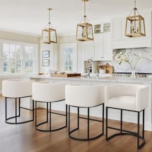 LUE BONA 27" H Counter Height Bar Stools Set of 3, Modern Barrel Counter Stools with Backrest and Arms, Black Metal Frames, Linen Fabric Upholstered Accent Barstools for Kitchen Island, Beige