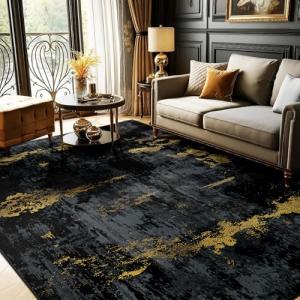RELEANY Washable Area Rugs 5'x7' Non-Slip Modern Abstract Soft for Living Room Entryway Bedroom Nursery, Print Pattern, Dark Black Gold