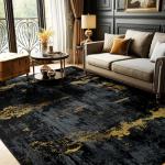 RELEANY Washable Area Rugs 5'x7' Non-Slip Modern Abstract Soft for Living Room Entryway Bedroom Nursery, Print Pattern, Dark Black Gold
