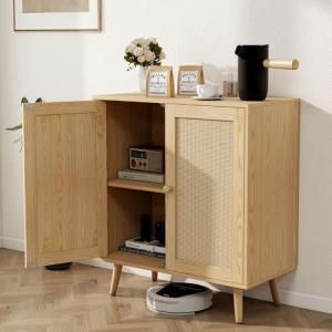FURNIinspire Rattan Sideboard Buffet Cabinet, Wooden Cabinet Cupboard Console Small Cabinets with Doors and Adjustable Shelve for Kitchen & Entryway, Oak