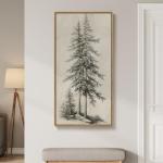 Framed Vertical Vintage Sketch Tree Living Room Wall Art, Large Black Beige Rustic Pine Artwork for Walls, Classic Antique Nature Forest Canvas Painting Print for Office Kitchen Foyer Stair 20x40 Inch