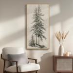 Framed Vertical Vintage Sketch Tree Living Room Wall Art, Large Black Beige Rustic Pine Artwork for Walls, Classic Antique Nature Forest Canvas Painting Print for Office Kitchen Foyer Stair 20x40 Inch