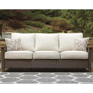Signature Design by Ashley Paradise Trail Outdoor Patio Sofa with Cushion and 2 Throw Pillows, Cleanable Performance Fabric, Resin Wicker, Brown & Beige