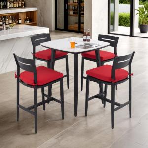 Modern5PC Bar Set:35.4'' Marble Table,4 Alum Stools,Ember Black,Sunbrella Cushion,WeatherResist